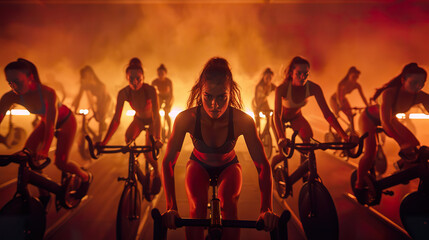 Fototapeta na wymiar A group of focused people energetically participating in a fiery indoor cycling workout session with atmospheric backlighting.
