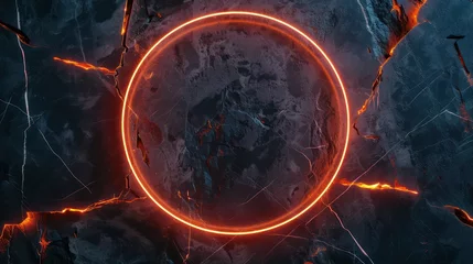 Poster Dark grunge marble background and orange glowing neon circle frame. Generative AI © saicle