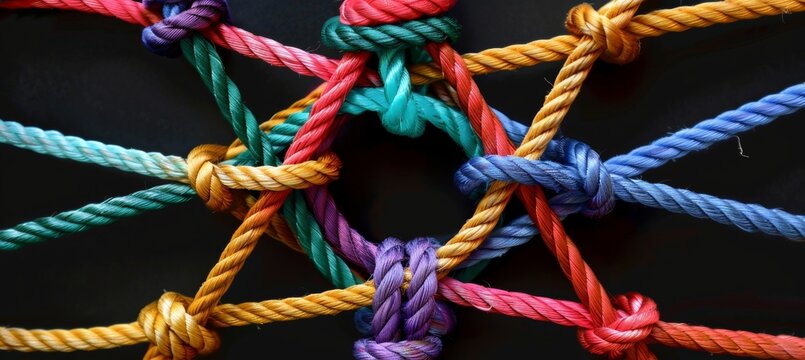 Diverse strength  partners connected through integrated rope network on colorful background