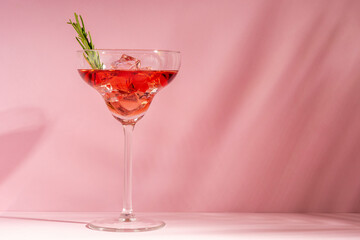 Refreshing cocktail with rosemary in a glass on a bright background. Summer party concept.