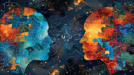 Puzzle pieces  man and woman portraits symbolizing relationship complexity, psychology, and analysis - obrazy, fototapety, plakaty