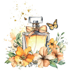 a beautiful perfume bottle in the glamour style, golden glitter watercolor illustration on white background