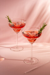 Refreshing cocktail with rosemary in a glass on a bright background. Summer party concept.