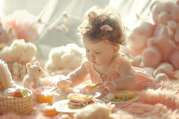 In a world of soft peach, the most endearing little baby enjoys a mini picnic with tiny sandwiches...