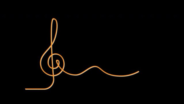 Treble clef self drawing animation. Yellow golden line animated on black background.	