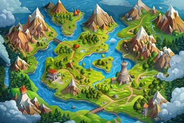 A vibrant, colorful illustration of a fantasy map, featuring rolling hills, meandering rivers,...