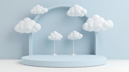 Dreamy cloud podium display 3d render gray white pedestal pastel sky minimalist studio.