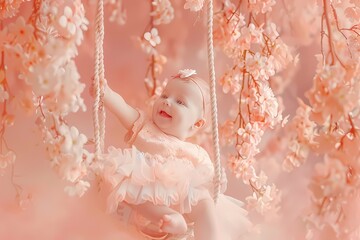In a world of soft peach, the most endearing little baby enjoys a gentle swing, creating a scene of...