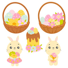 Cute Easter set. Spring collection of bunnies, cakes, Easter eggs and decorations. For poster, card, scrapbooking , stickers