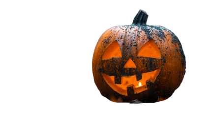 Glowing jack-o'-lantern on a white background, decorated with traditional carvings for Halloween celebration.
Concept: themed decor for parties, decorations and promotions related to the holiday