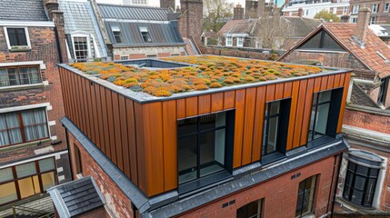 Modern building with an extensive green roof for ecology and sustainable development in a modern city - 753061386