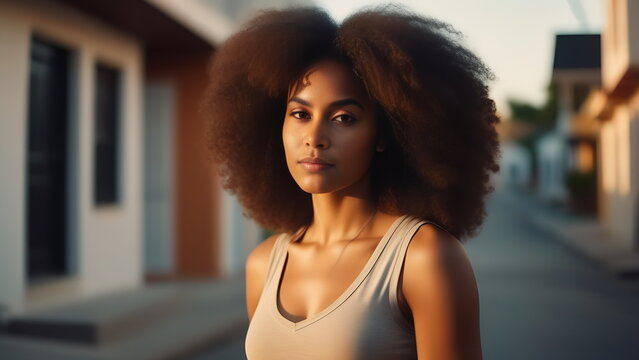 Afro girl in a sleeveless T-shirt at sunset