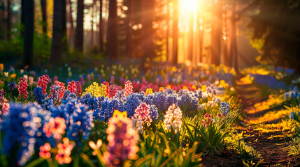 Field landscape with colorful blooming hyacinths, traditional Easter flowers, floral Easter spring background.