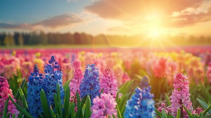 Field landscape with colorful blooming hyacinths, traditional Easter flowers, floral Easter spring...