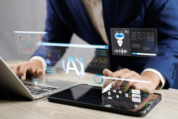 Businessman use artificial intelligence AI technology for enhanced work efficiency data analysis and efficient tools, Unlocking work potential with AI solutions chatbot help solve work problems.