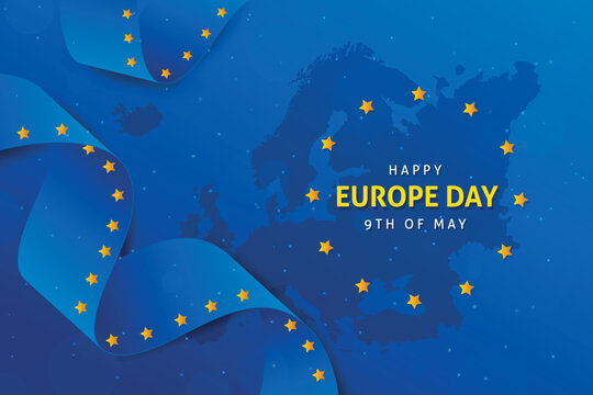 Europe Day 9th May. Wavy ribbon flag on blue background. Happy Europe independence day banner