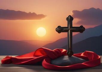 Sunset Christian cross with a red scarf tied to it, easter religious background. Generative AI - obrazy, fototapety, plakaty