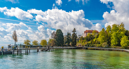 Large panorama of the pier on the east side of Mainau Island, the famous island in Lake Constance...