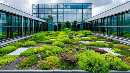 Modern public building built in accordance with the principles of sustainability and ecology has a green roof - 753061939
