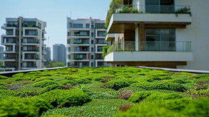 Modern building with an extensive green roof for ecology and sustainable development in a modern city - 753062196