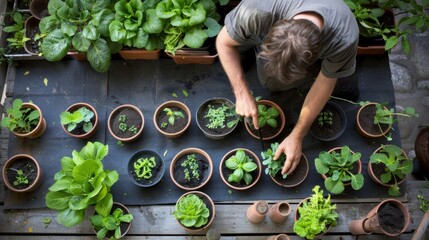 A hobby gardener transplants seedlings into new pots and propagates plants - 753062329