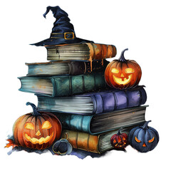 Stack of Books With Halloween pumpkins and witch hat