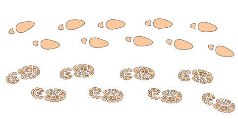 Human step footprints paths. Step by step vector isolated on white background. Trace of female and male footprints of persons in boots. Track from shoe sole prints. Road of human feet.