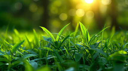 Fototapeta premium Morning light cascades over a field of young, green grass, highlighting the vibrant colors and delicate textures of spring for a refreshing laptop wallpaper.