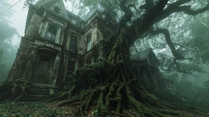 Fotobehang an old victorian house, covered in a thick canopy of vegitation, large knarled roots at the base of the structure, on a foggy rainy morning © Khalif