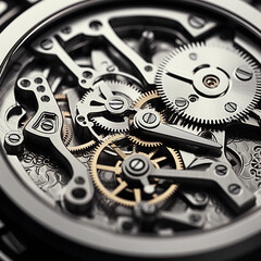 black and white close view of watch mechanism 