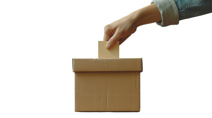 Brief description: A hand throwing a ballot into a ballot box against the backdrop of a light interior. Concept: Close-up of the election process. political voters	