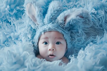 In a world of baby blue, the most adorable baby wears a fluffy bunny hat, creating a scene of...