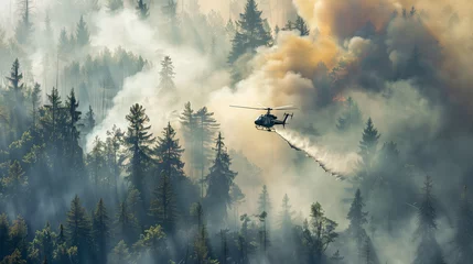 Foto op Plexiglas helicopter extinguishes dangerous wildfire fighting bushfire dry woods burning trees firefighting natural disaster concept intense orange flames © elenarostunova