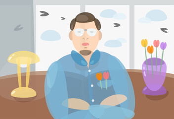 An illustrated man in a office made with colored rounded shape look a camera in a bright day