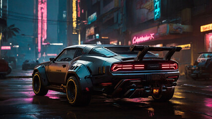 car in cyber city, neon city