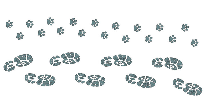 Human step footprints and pawprints paths. Step by step vector isolated on white background. Trace of footprints of person in boots and pawprint. Road of human feet and cat's paws.