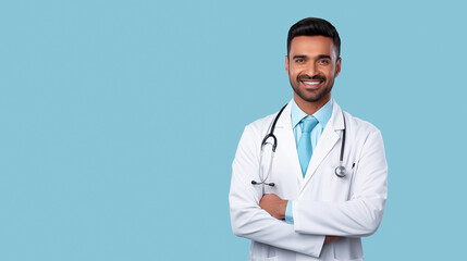 Portrait of a confident young male medical doctor on light blue background