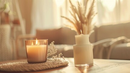 Fototapeta na wymiar Aroma candle mock up, warm aesthetic composition. Cozy home comfort, relaxation and wellness concept. Interior decoration mockup