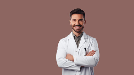 Portrait of a confident young male medical doctor on taupe background - obrazy, fototapety, plakaty