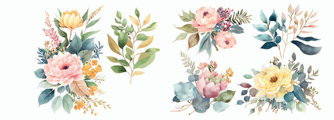 Fototapeta na wymiar Elegant Watercolor Floral Arrangements with Blooming Roses, Lush Greenery, and Delicate Foliage for Invitations, Decorations, and Art