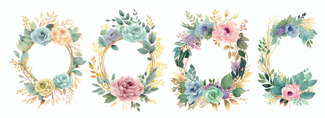 Elegant Watercolor Floral Wreaths Collection Featuring Blooming Flowers, Lush Foliage, and Decorative Elements for Invitations, Greeting Cards