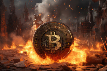 Bitcoin logo burning in fire