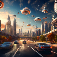 A futuristic cityscape with flying cars.