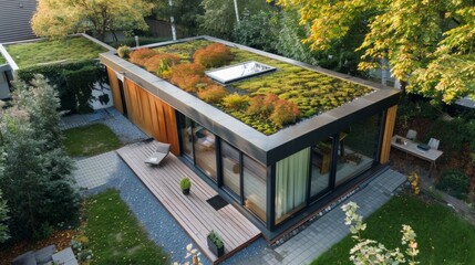 Low vegetation planted on the roof of a modern eco-friendly building - 753063564