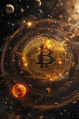 Bitcoin logo concept as object in center of galaxy at the space