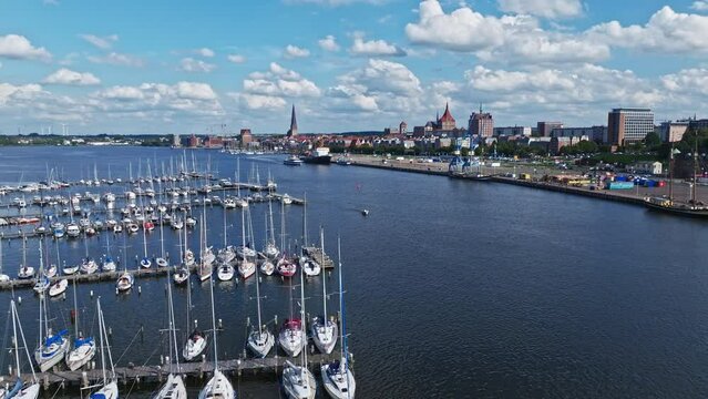 Aerial  drone view of Rostocker Yachtclub , Unterwarnow river in Rostock , northern Germany