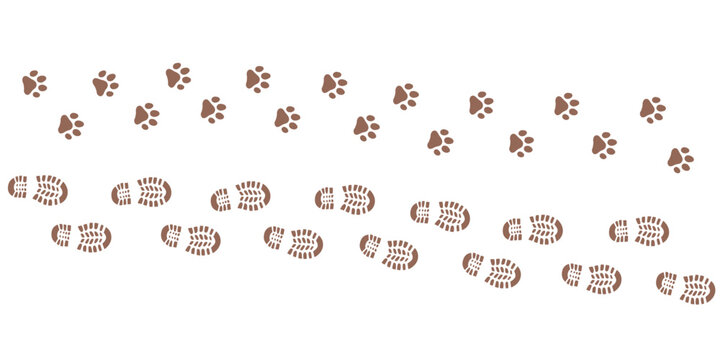 Human step footprints and pawprints paths. Step by step vector isolated on white background. Trace of children's footprints of person in boots and pawprint. Road of human feet and cat's paws.