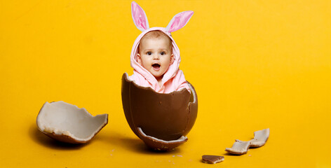 Happy Easter. Adorable baby on a yellow background in a chocolate egg. Free space for text. Child looking at camera and expresses emotions.