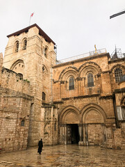 Entrance to the Church of the Holy Sepulcher (Latin: Ecclesia Sancti Sepulchri) on a rainy day