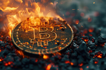 Bitcoin logo burning in fire on hot coal background